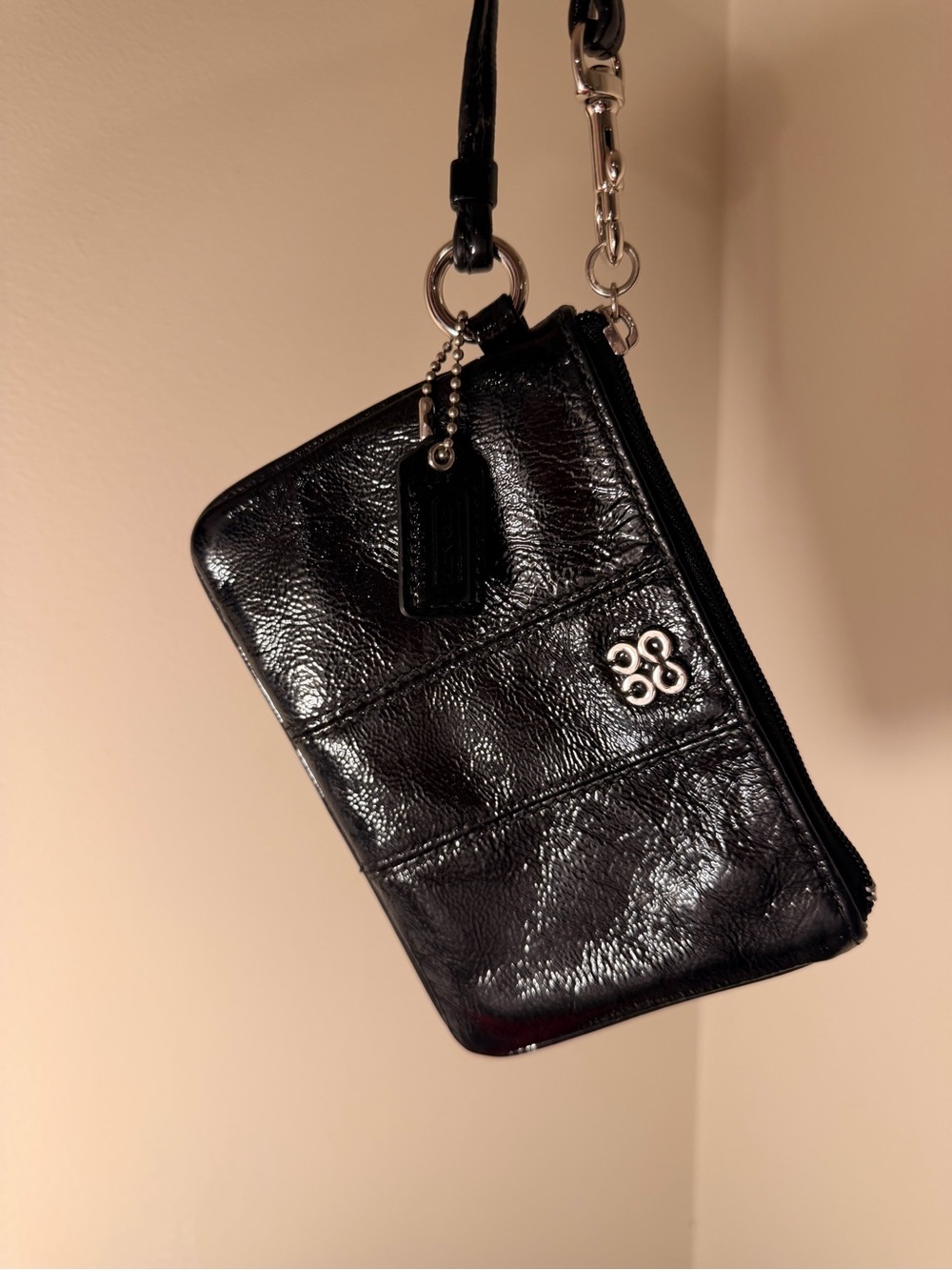 Black coach Leather Julia Wristlet with Silver Accent